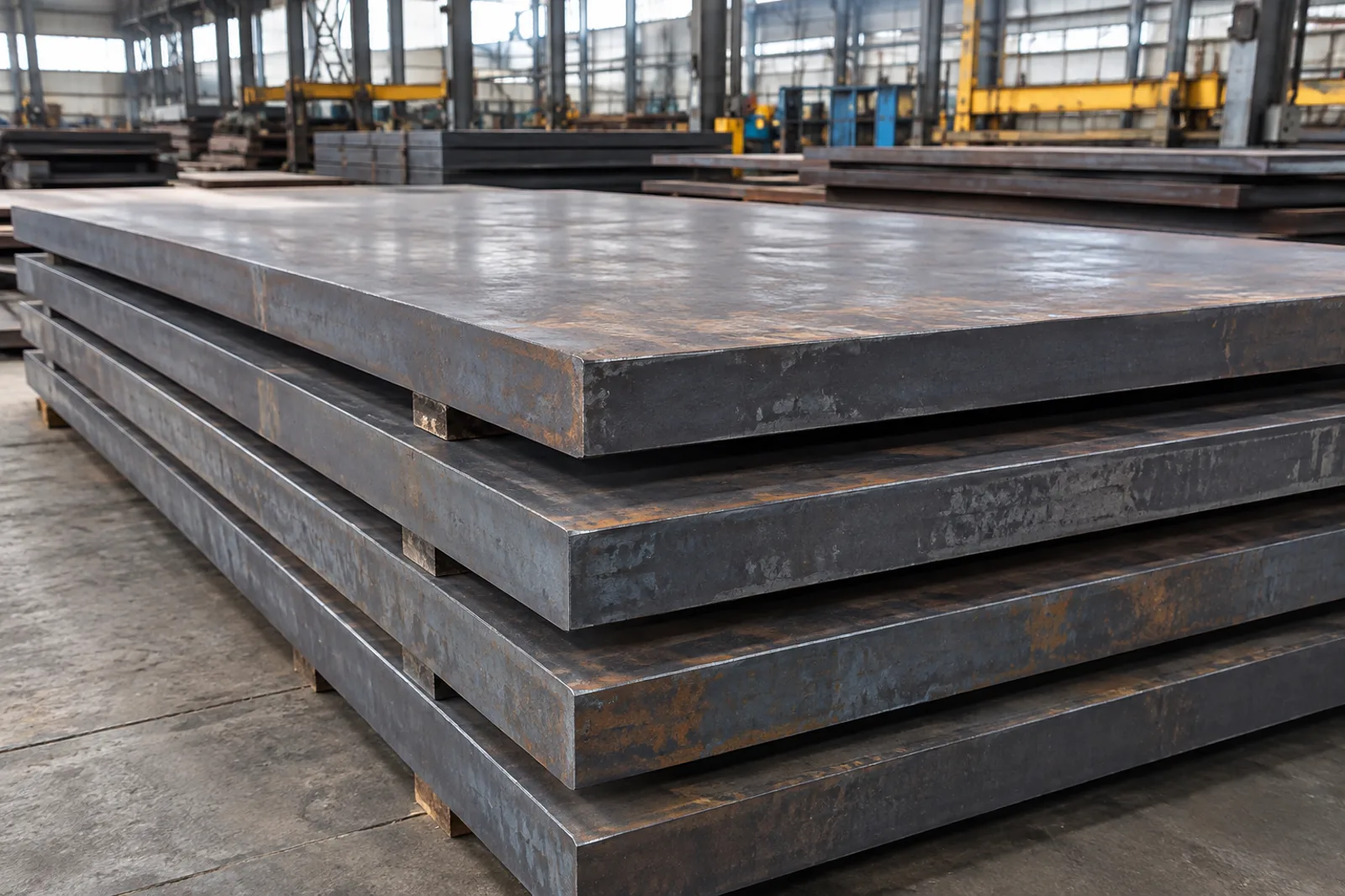 Wide heavy steel plate blanks stacked for structural fabrication