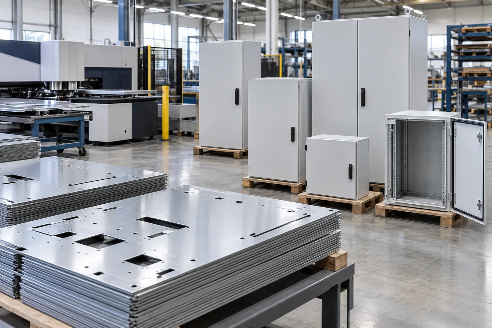 Flat galvanized blanks beside finished electrical cabinets and enclosures