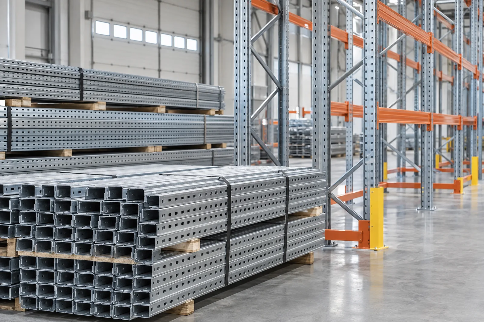 Galvanized rack profiles beside an assembled storage-rack system