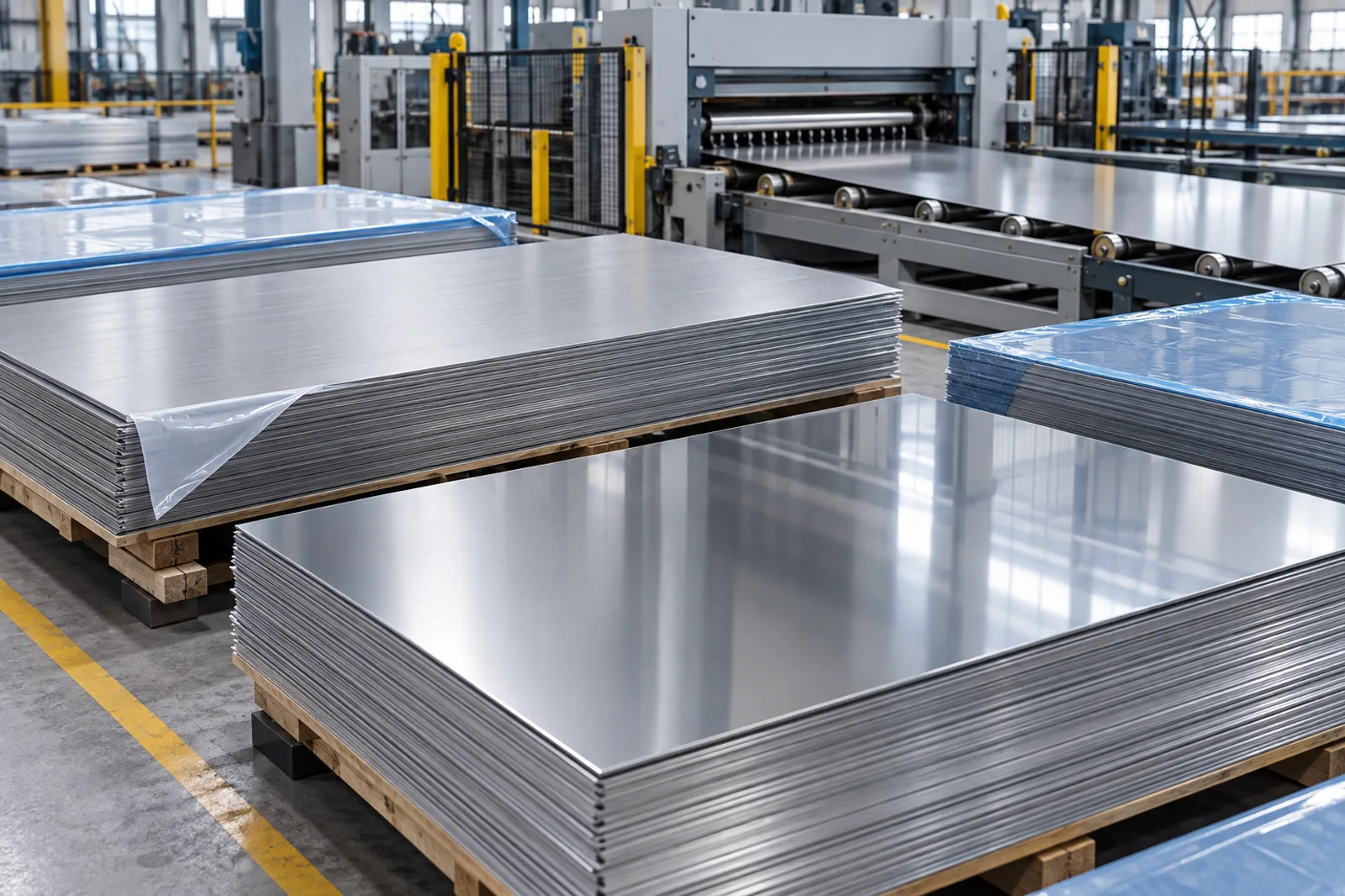 Clean stainless-steel and aluminium sheets stacked without surface damage