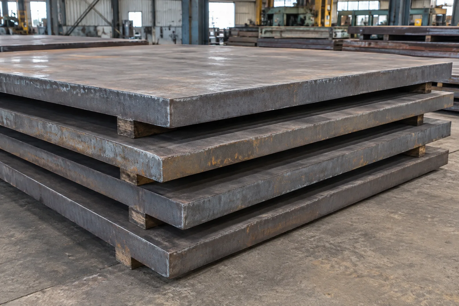 Wide heavy steel plate blanks stacked for structural fabrication